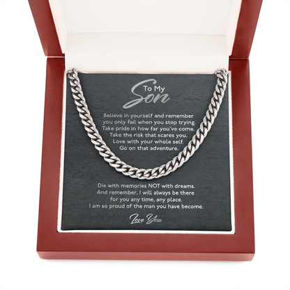 To My Son Necklace Gift - Take pride in how far you've come Take the risk that scares you Love with your whole self Cuban Link Chain Necklace From Mom, Dad LX028D
