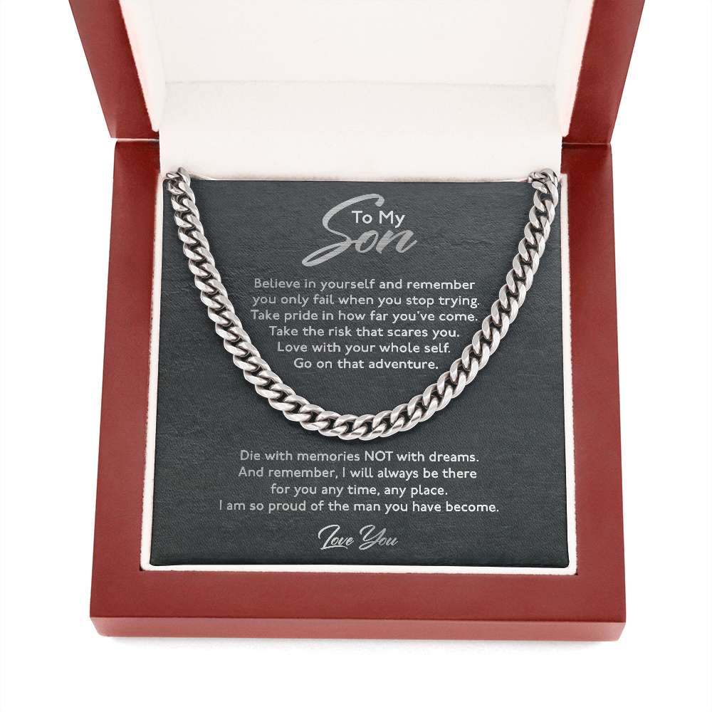 To My Son Necklace Gift - Take pride in how far you've come Take the risk that scares you Love with your whole self Cuban Link Chain Necklace From Mom, Dad LX028D