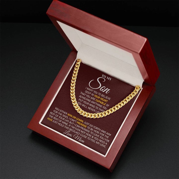 To My Son Necklace Gift From Mom You either Win or Learn, Just go forth and aim for the skies - Love, Mom Cuban Link Chain Necklace LX006E