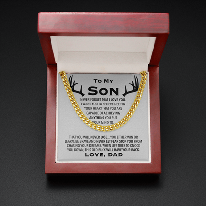 To My Son Necklace Be Brave and Never Let Fear Stop You From Chasing Your Dreams Love, Dad Hunting Cuban Link Chain Necklace LX343K