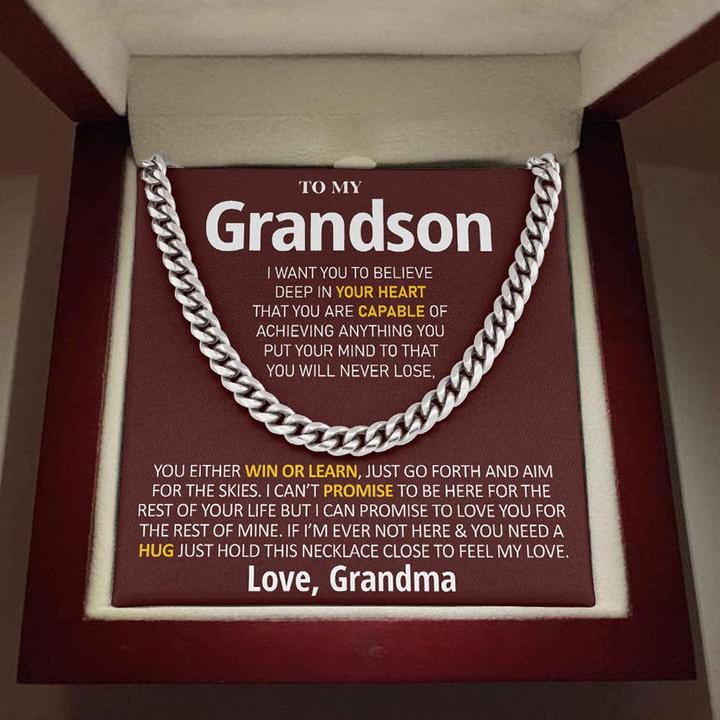 Grandson Necklace You Will Never Lose, You Either Win Or Learn Love, Grandma Cuban Link Chain Necklace