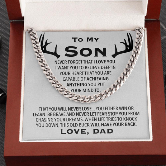 To My Son Necklace Be Brave and Never Let Fear Stop You From Chasing Your Dreams Love, Dad Hunting Cuban Link Chain Necklace LX343K