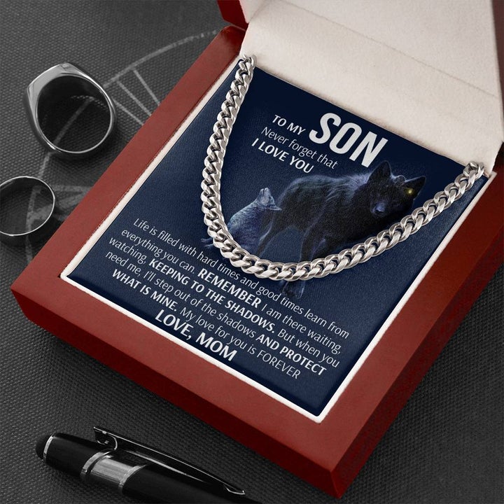 To My Son Necklace Gift From Mom - Wolf Necklace Keeping to the shadow When you need I'll Protect What Is Mine - Cuban Link Chain Necklace LX006C