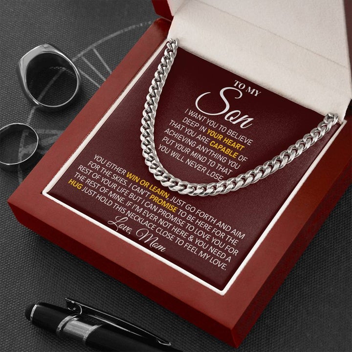 To My Son Necklace Gift From Mom You either Win or Learn, Just go forth and aim for the skies - Love, Mom Cuban Link Chain Necklace LX006E