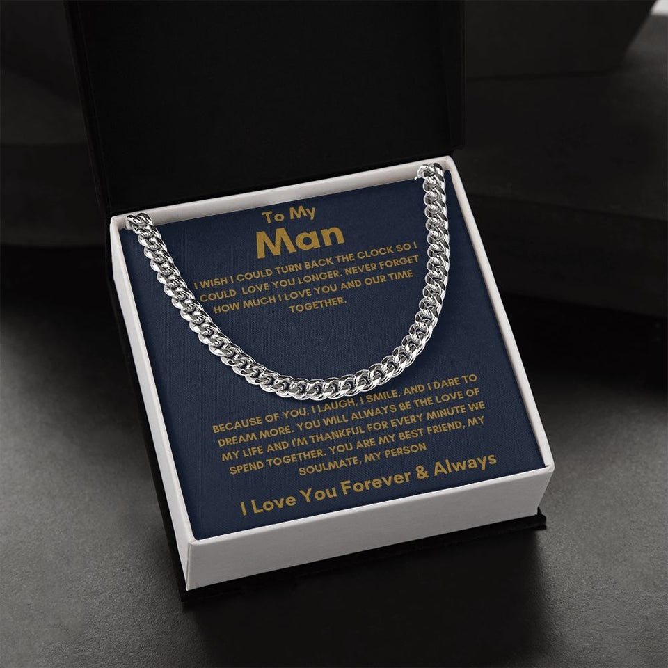 To My Man - Cuban Link Chain - Because of You - Blue Card Gift For Mom, necklace For Wife, Gift For Mother's Day