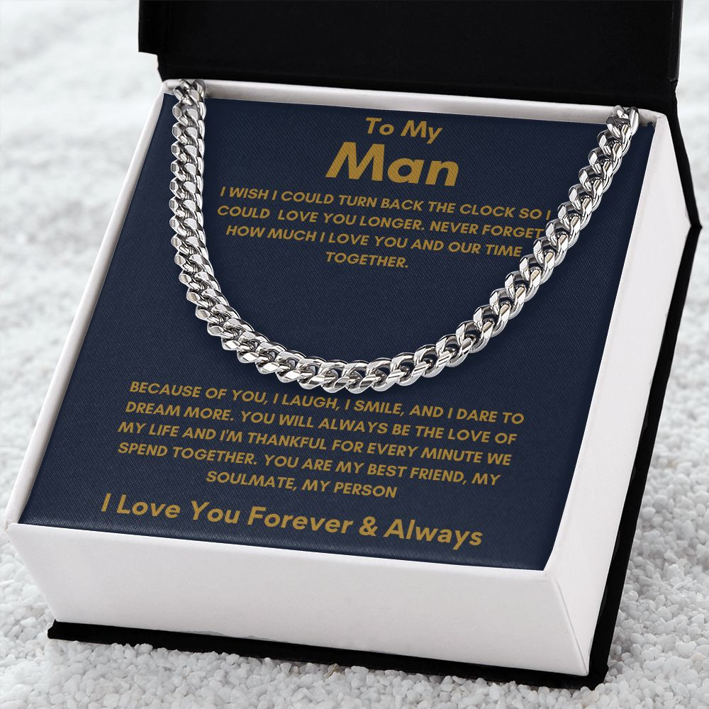 To My Man - Cuban Link Chain - Because of You - Blue Card Gift For Mom, necklace For Wife, Gift For Mother's Day