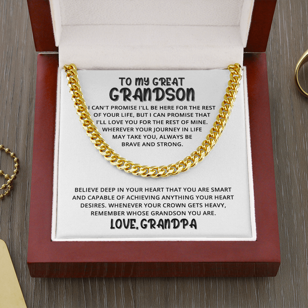 To My Great Grandson - Great Heart Love, Grandpa - Cuban Link Chain Necklace