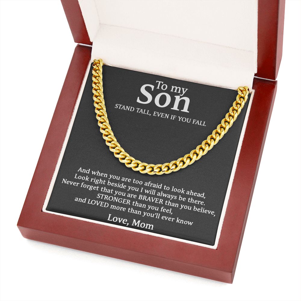 To My Son Necklace - Stand Tall, Event If Fall. Best Necklace for Son, Cuban Link Chain Necklace