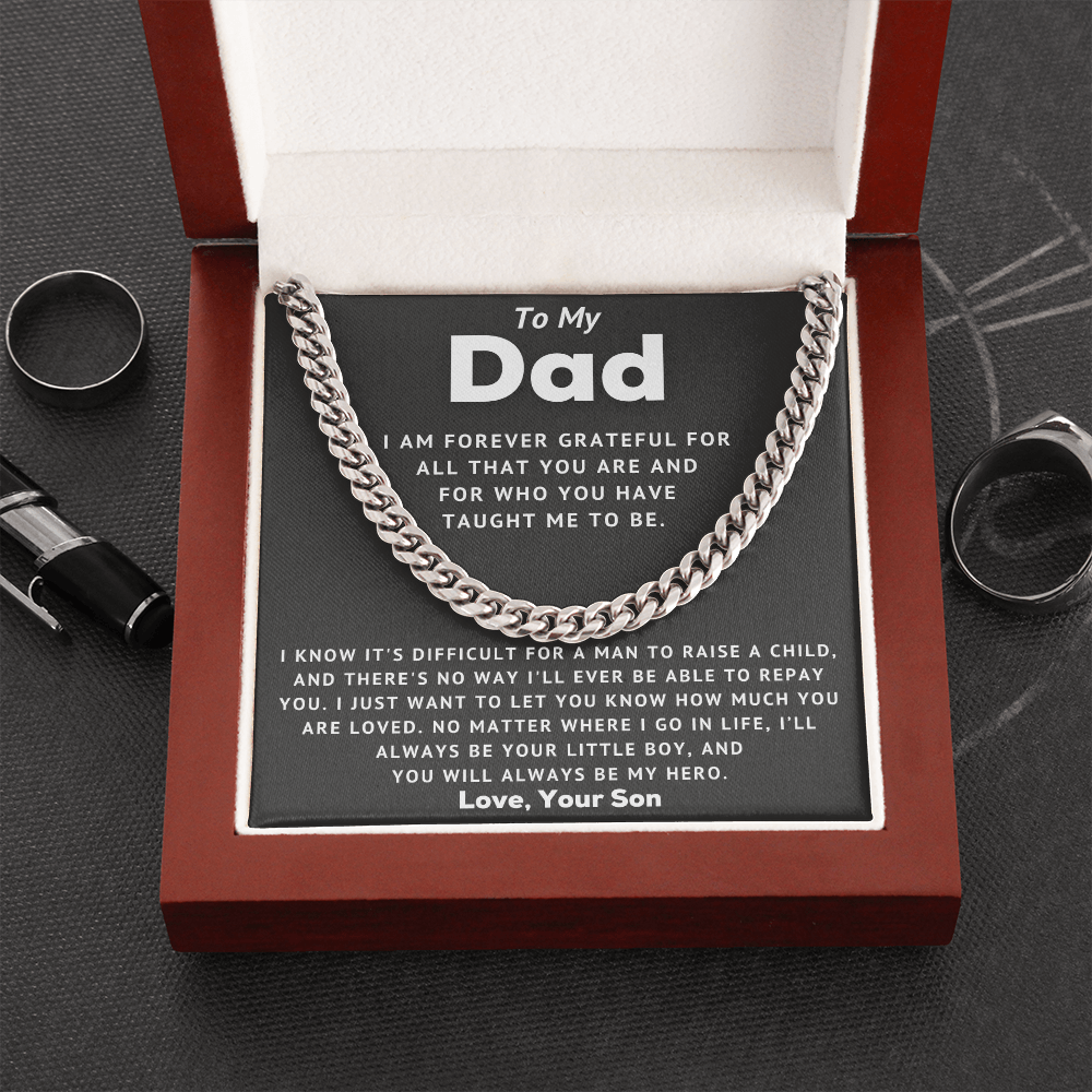 To My Dad Cuban Link Chain Necklace - You will always be My Hero - Fathers Day, Birthday, Christmas Gift for Dad Daddy From Son