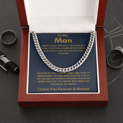 To My Man - Cuban Link Chain - Because of You - Blue Card Gift For Mom, necklace For Wife, Gift For Mother's Day