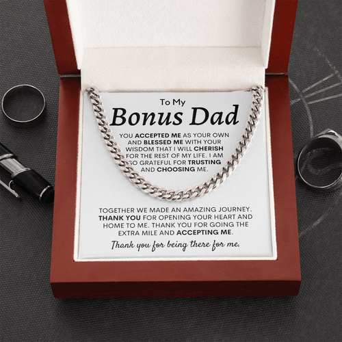 Necklace for My Bonus Dad - I am so Grateful for Trusting and Choosing Me, Father's Day Gift for Dad, Cuban Link Chain Necklace