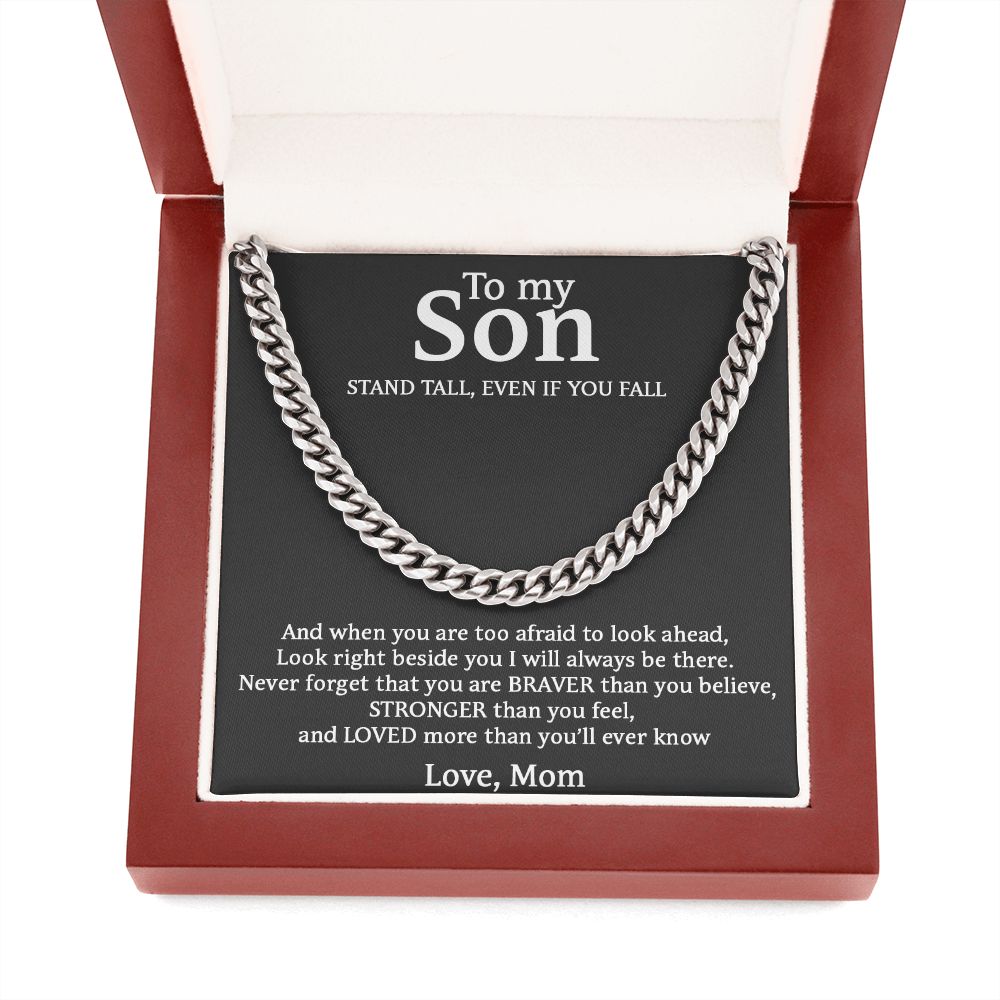 To My Son Necklace - Stand Tall, Event If Fall. Best Necklace for Son, Cuban Link Chain Necklace