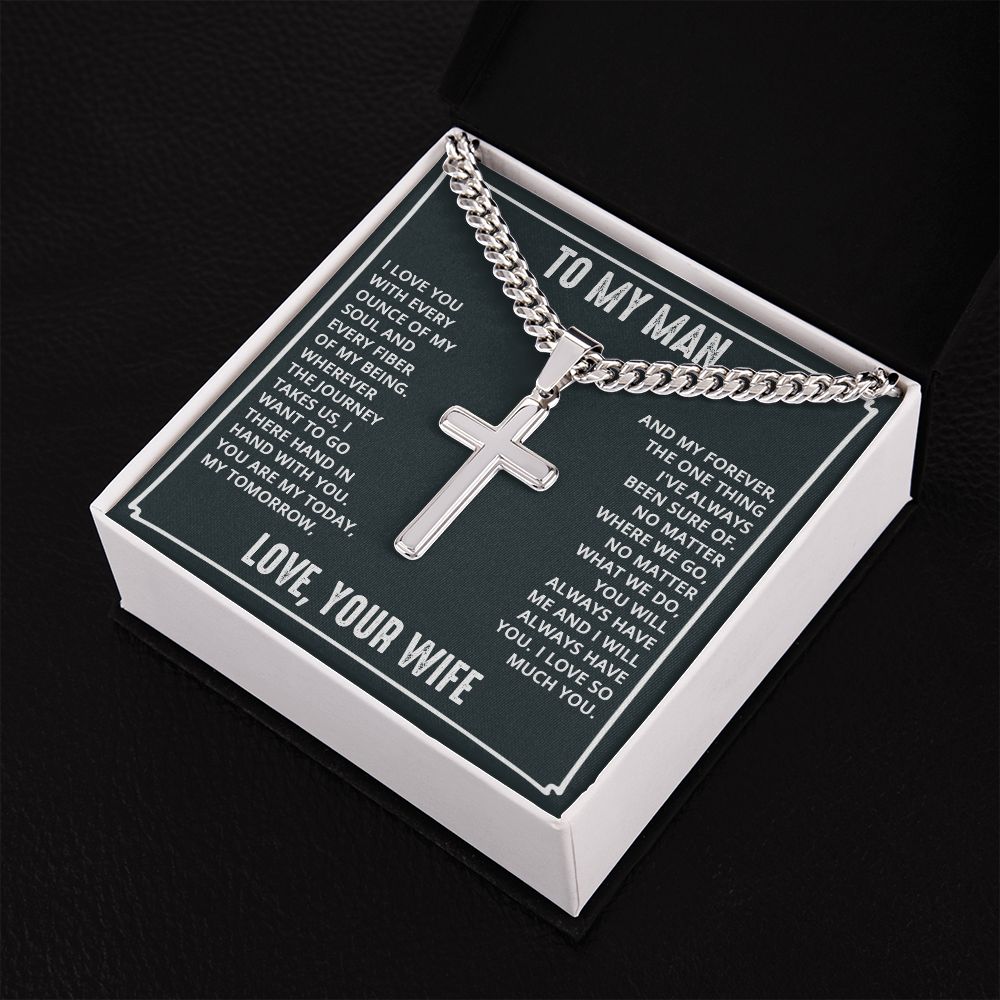 To My Man - I love you with every ounce Personalized Cross Necklace with Cuban Chain