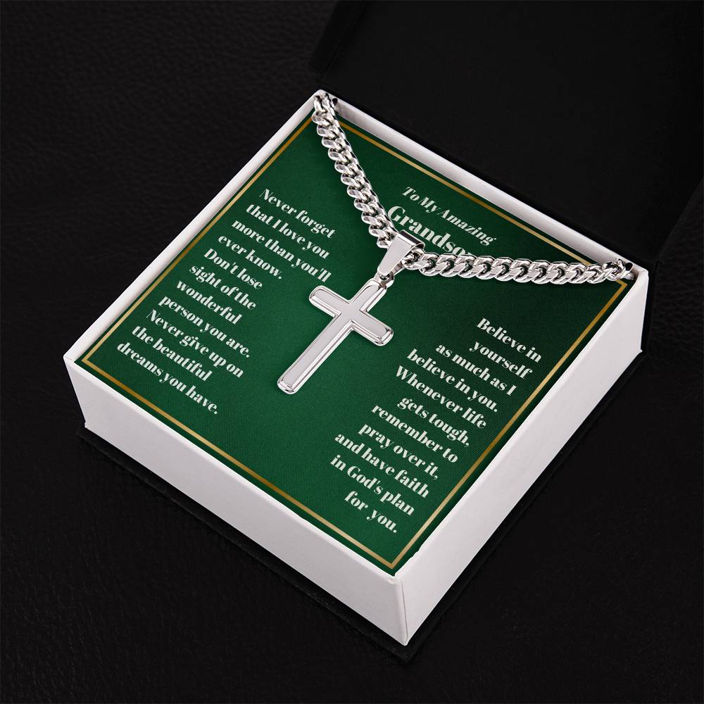 Grandson Personalized Cross Necklace on Cuban Chain