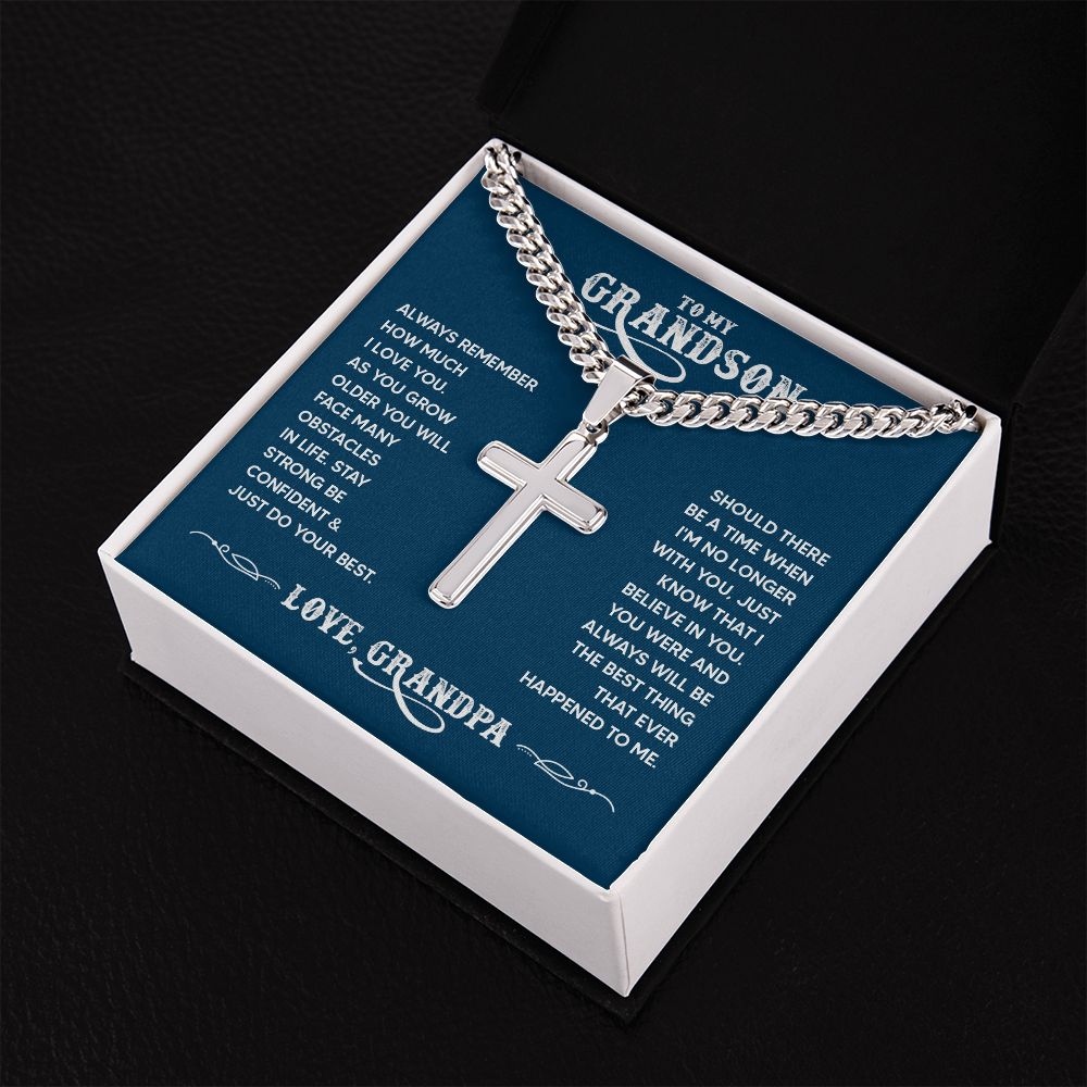 To My Grandson - Always remember how much I love you Personalized Cross Necklace with Cuban Chain