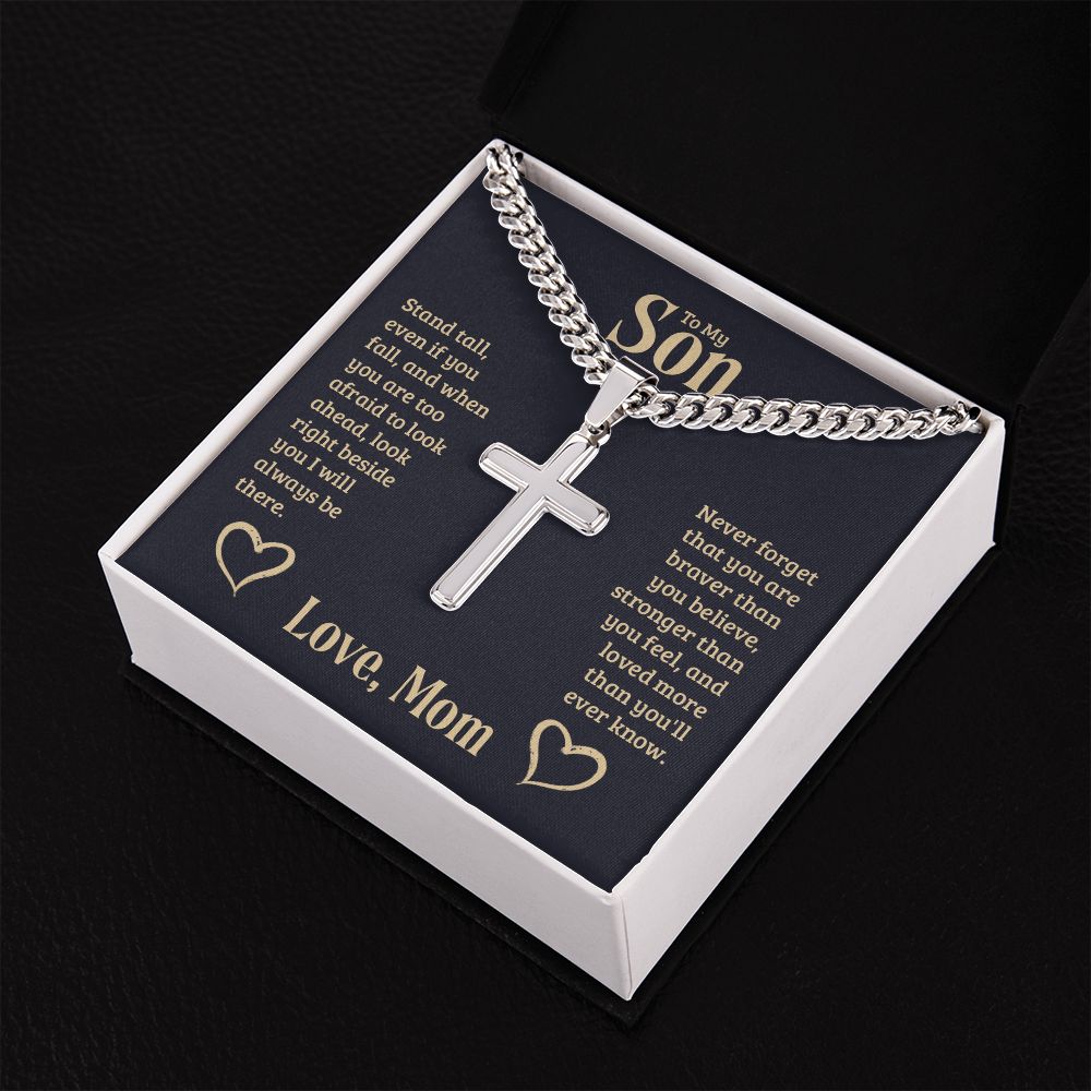 To-My-Son-Stand-tall Personalized Cross Necklace with Cuban Chain