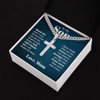 to my son - stand tall even if you fall Personalized Cross Necklace with Cuban Chain