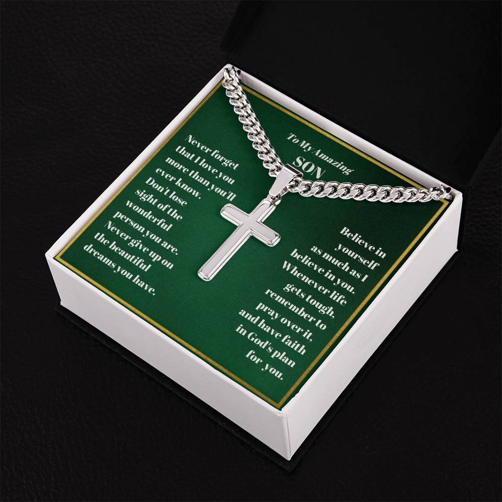 Son Personalized Cross Necklace on Cuban Chain