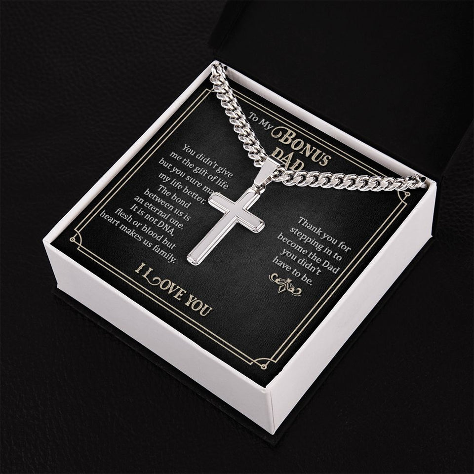 To my Bonus dad Personalized Cross Necklace with Cuban Chain