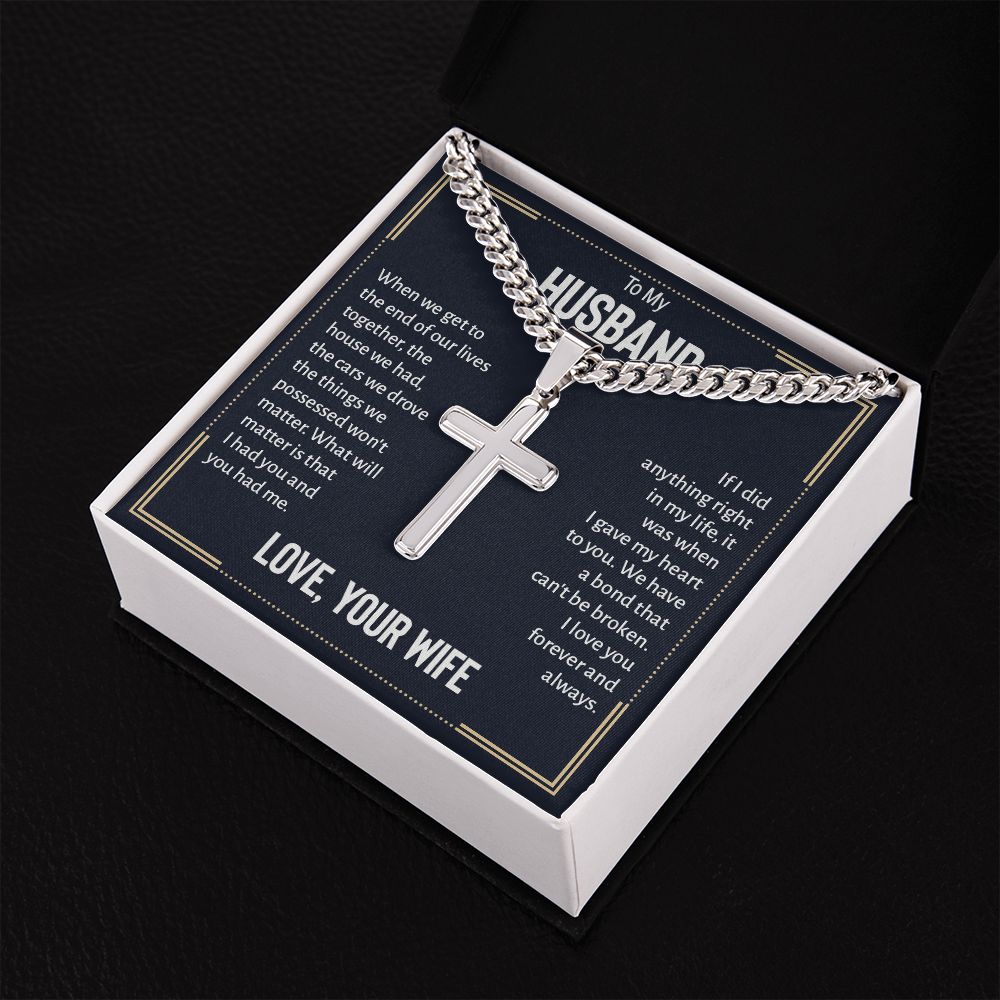 To my husband - when we get to the end of our lives Personalized Cross Necklace with Cuban Chain