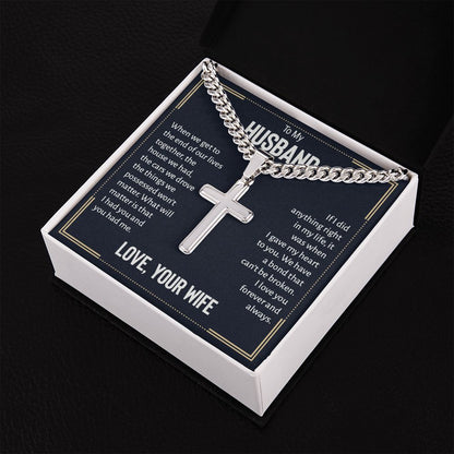 To my husband - when we get to the end of our lives Personalized Cross Necklace with Cuban Chain
