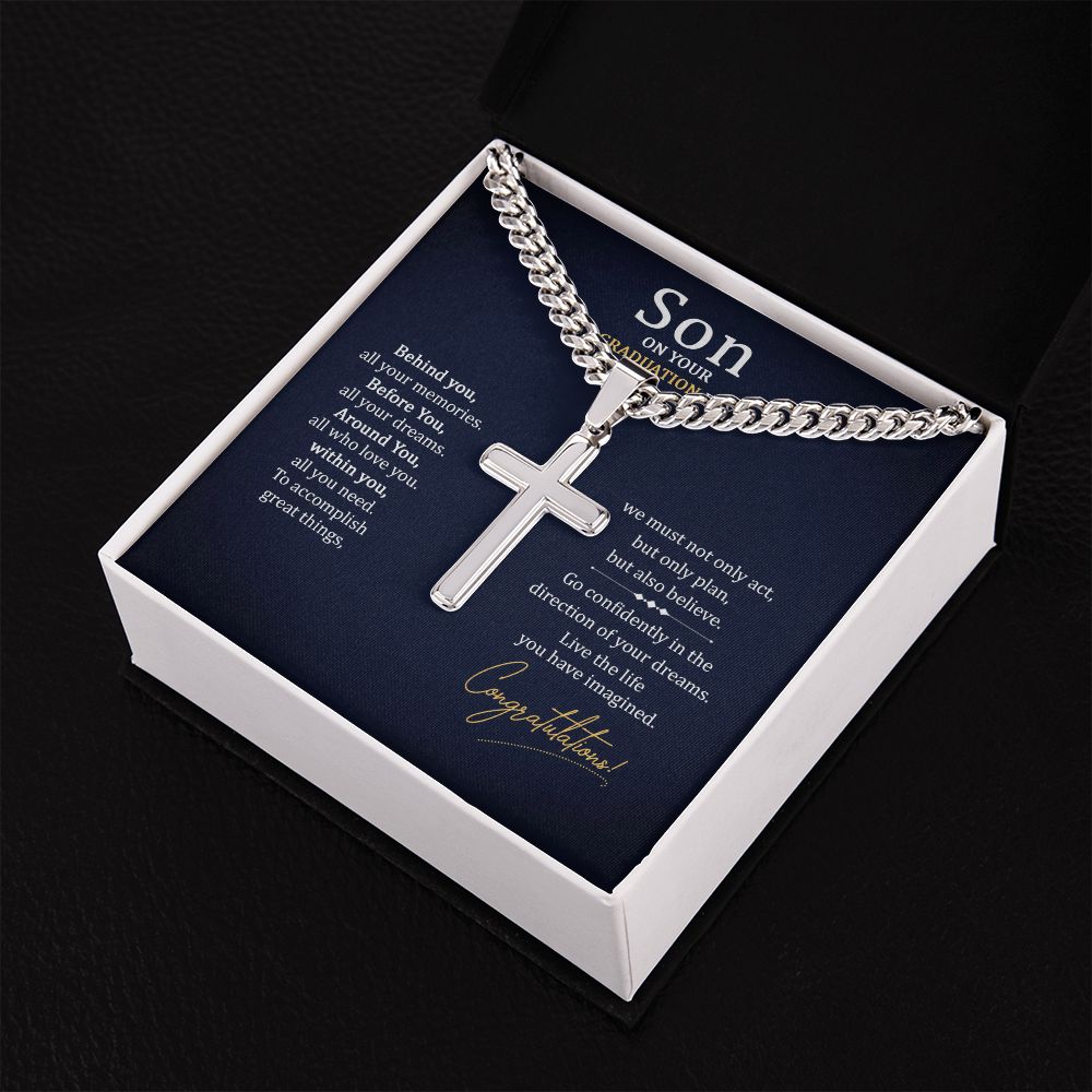 To my Son on your graduation Day Personalized Cross Necklace with Cuban Chain