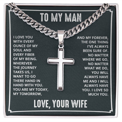 To My Man - I love you with every ounce Personalized Cross Necklace with Cuban Chain