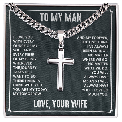 To My Man - I love you with every ounce Personalized Cross Necklace with Cuban Chain