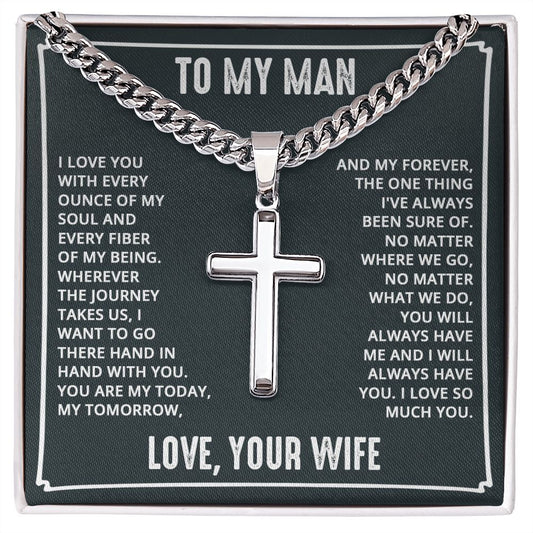 To My Man - I love you with every ounce Personalized Cross Necklace with Cuban Chain