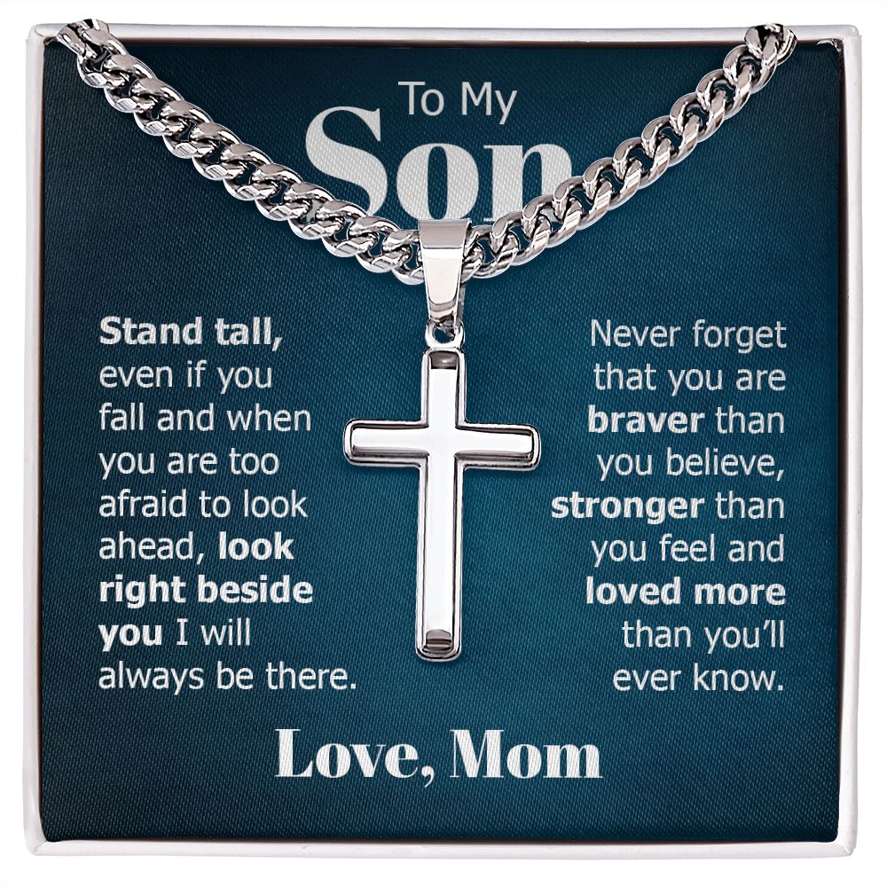 to my son - stand tall even if you fall Personalized Cross Necklace with Cuban Chain