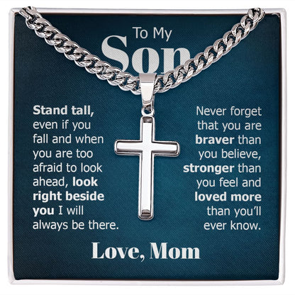 to my son - stand tall even if you fall Personalized Cross Necklace with Cuban Chain