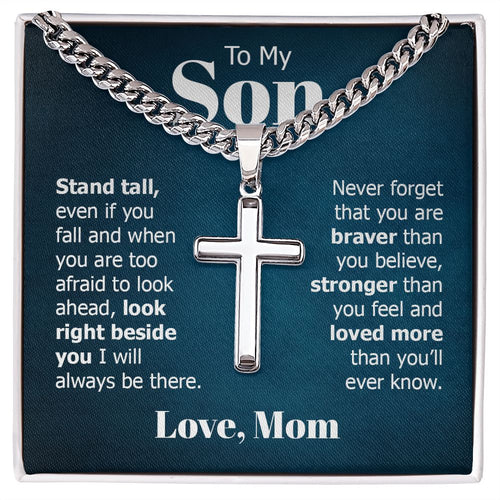 to my son - stand tall even if you fall Personalized Cross Necklace with Cuban Chain