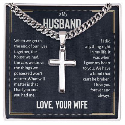 To my husband - when we get to the end of our lives Personalized Cross Necklace with Cuban Chain