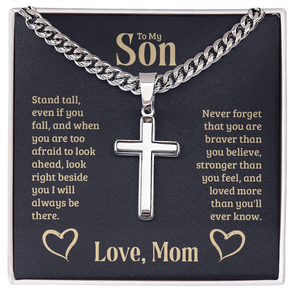 To-My-Son-Stand-tall Personalized Cross Necklace with Cuban Chain