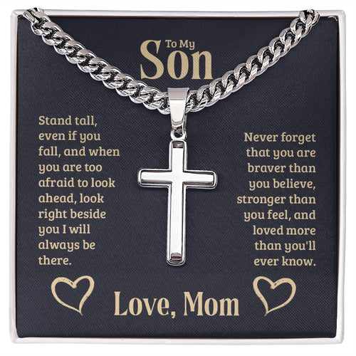 To-My-Son-Stand-tall Personalized Cross Necklace with Cuban Chain