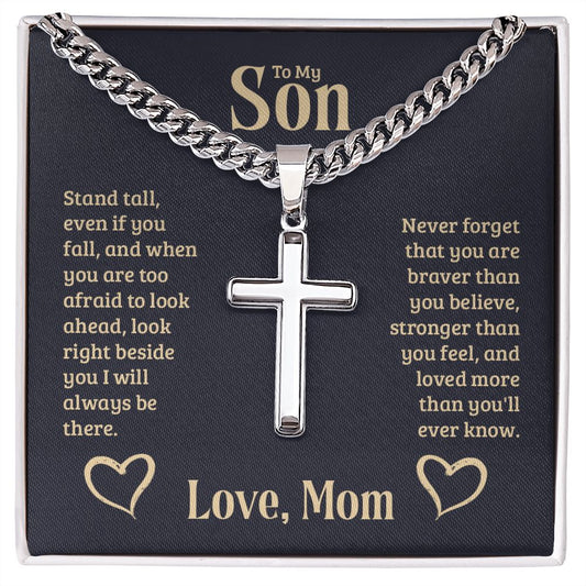 To-My-Son-Stand-tall Personalized Cross Necklace with Cuban Chain