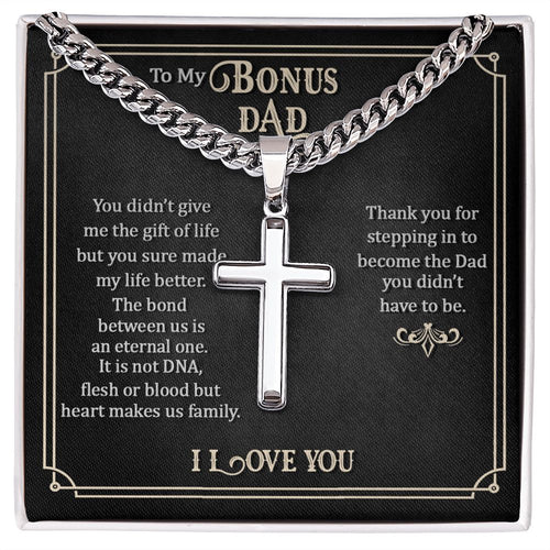 To my Bonus dad Personalized Cross Necklace with Cuban Chain