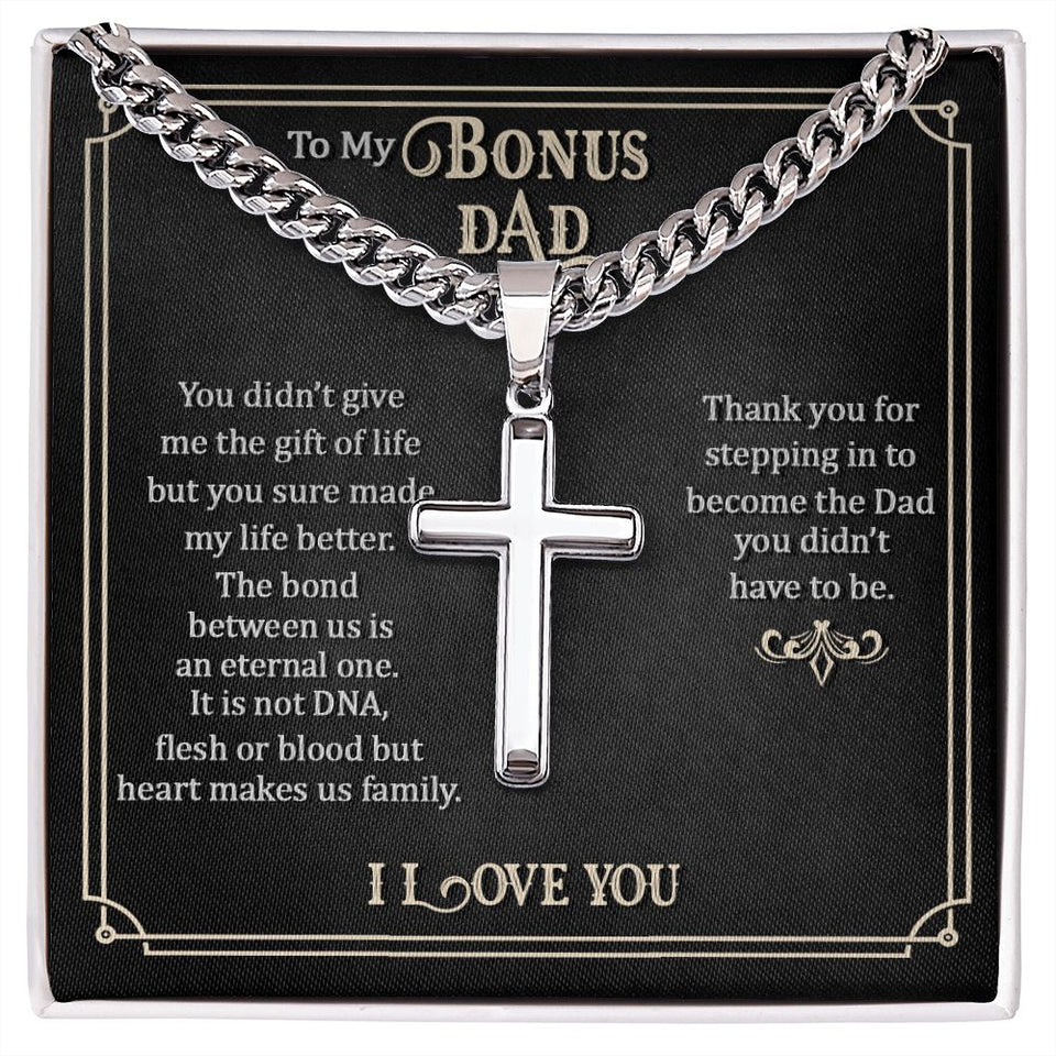 To my Bonus dad Personalized Cross Necklace with Cuban Chain
