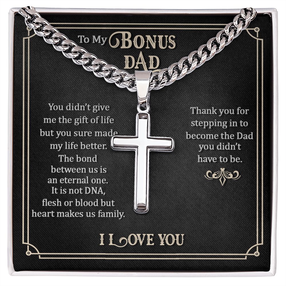 To my Bonus dad Personalized Cross Necklace with Cuban Chain