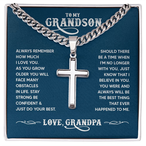 To My Grandson - Always remember how much I love you Personalized Cross Necklace with Cuban Chain