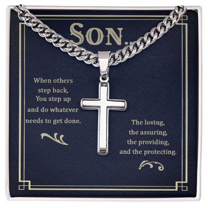 Son when others step back Personalized Cross Necklace with Cuban Chain