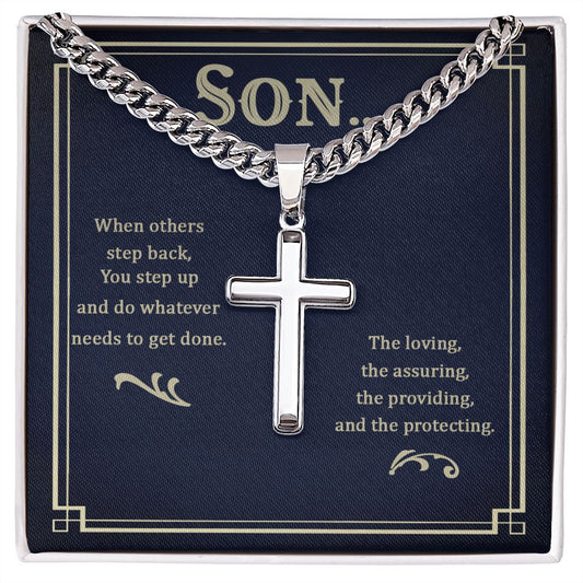 Son when others step back Personalized Cross Necklace with Cuban Chain
