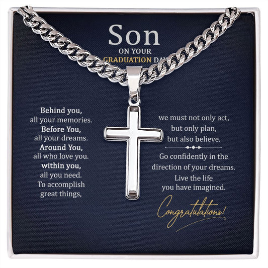 To my Son on your graduation Day Personalized Cross Necklace with Cuban Chain