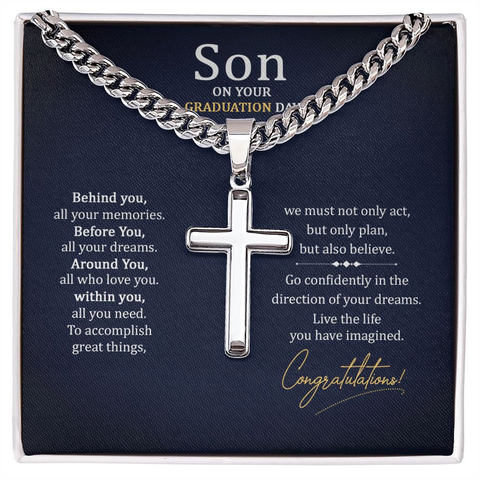 To my Son on your graduation Day Personalized Cross Necklace with Cuban Chain