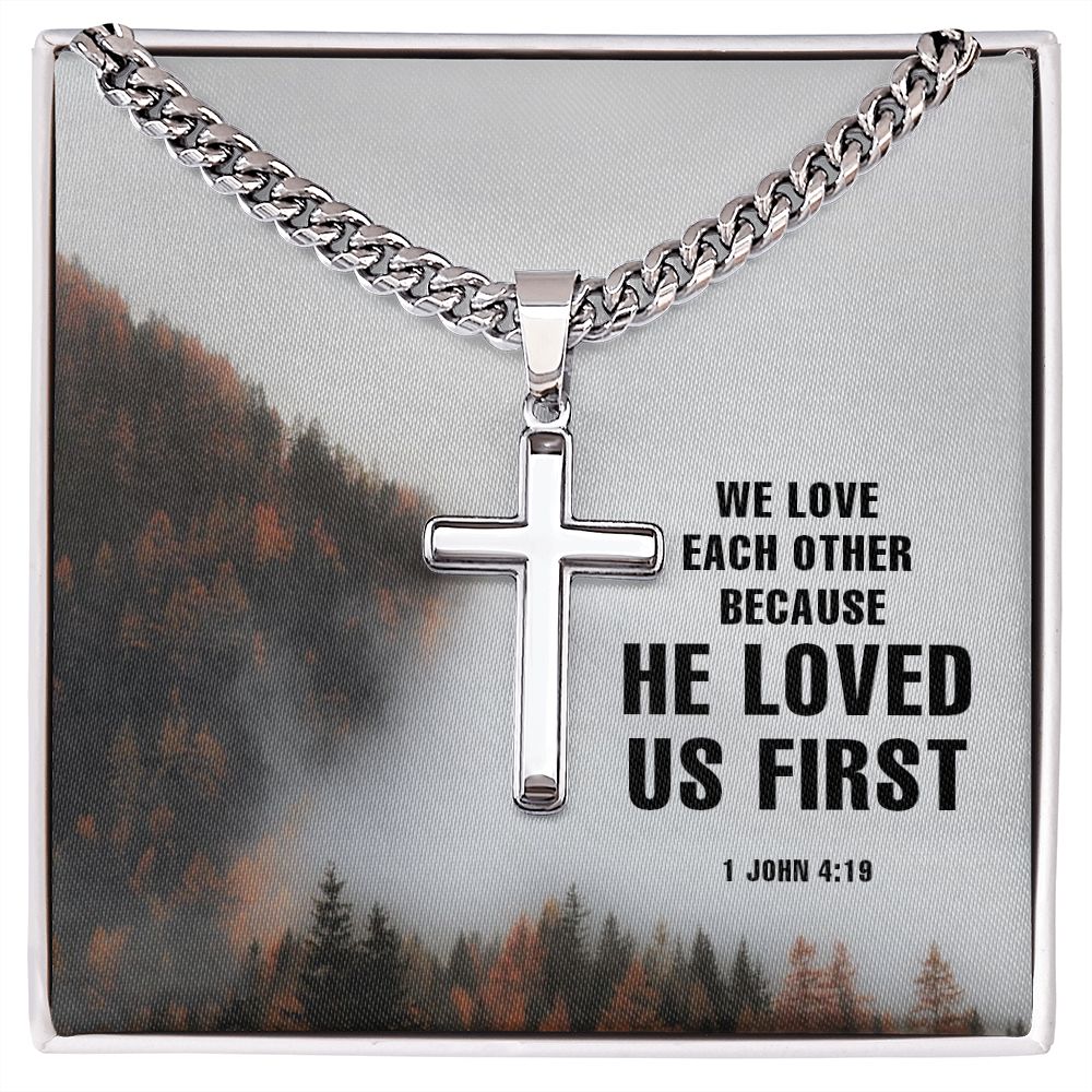 We love each other Personalized Cross Necklace with Cuban Chain