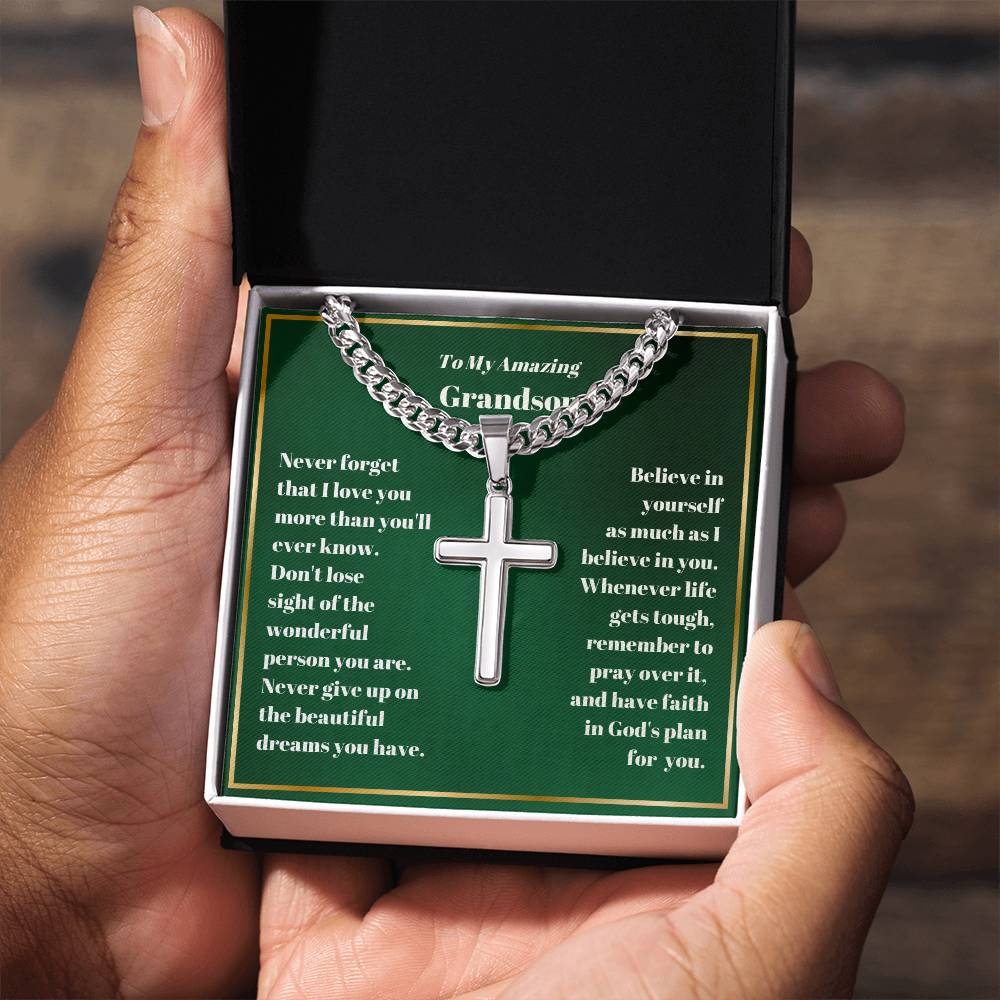Grandson Personalized Cross Necklace on Cuban Chain