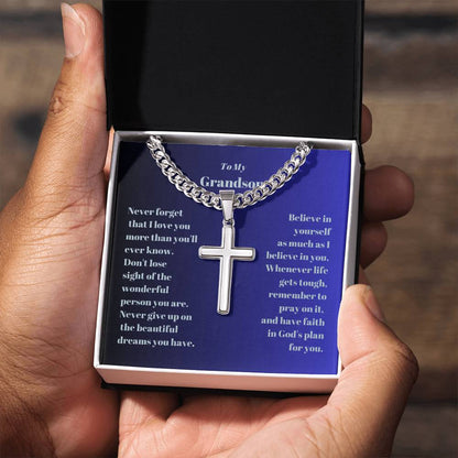 Grandson Engraved Cross with Cuban Chain