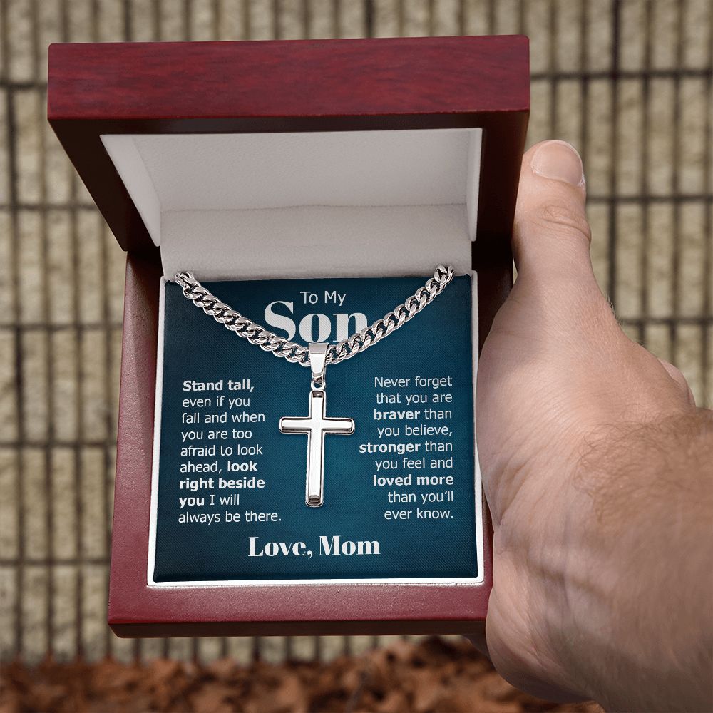 to my son - stand tall even if you fall Personalized Cross Necklace with Cuban Chain