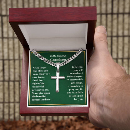 Grandson Personalized Cross Necklace on Cuban Chain