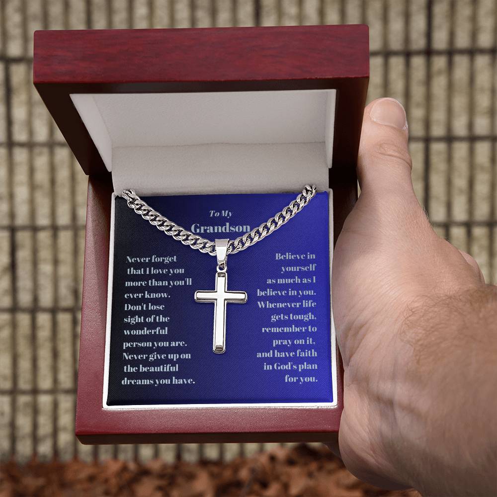 Grandson Engraved Cross with Cuban Chain